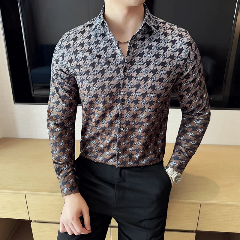 Slim Fit Houndstooth Long-Sleeve Tuxedo Shirt
