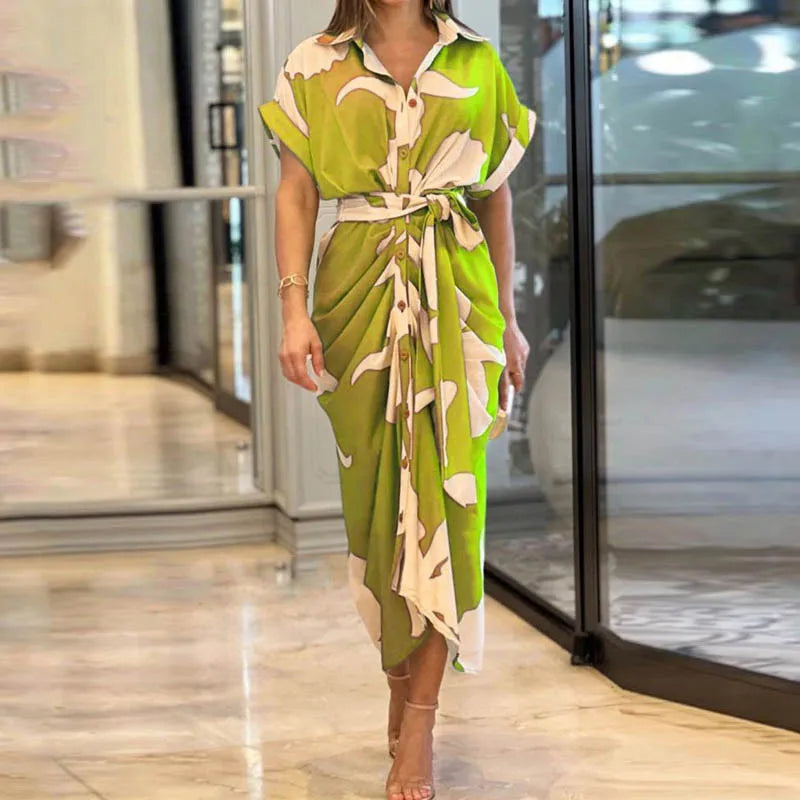 Women's Printed Tie Waist Shirt Midi Dress