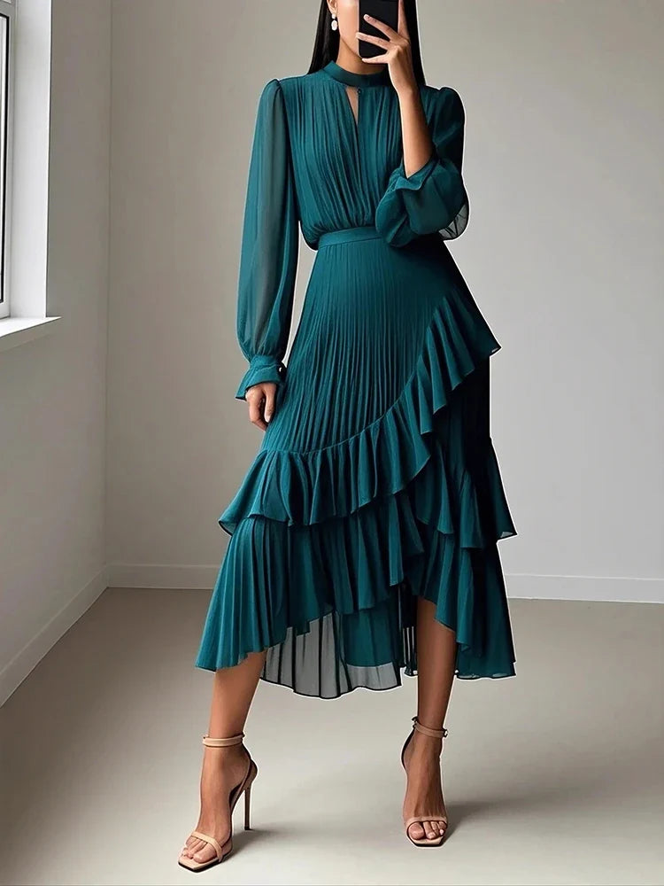 Women's Pleated Ruffle Midi Dress