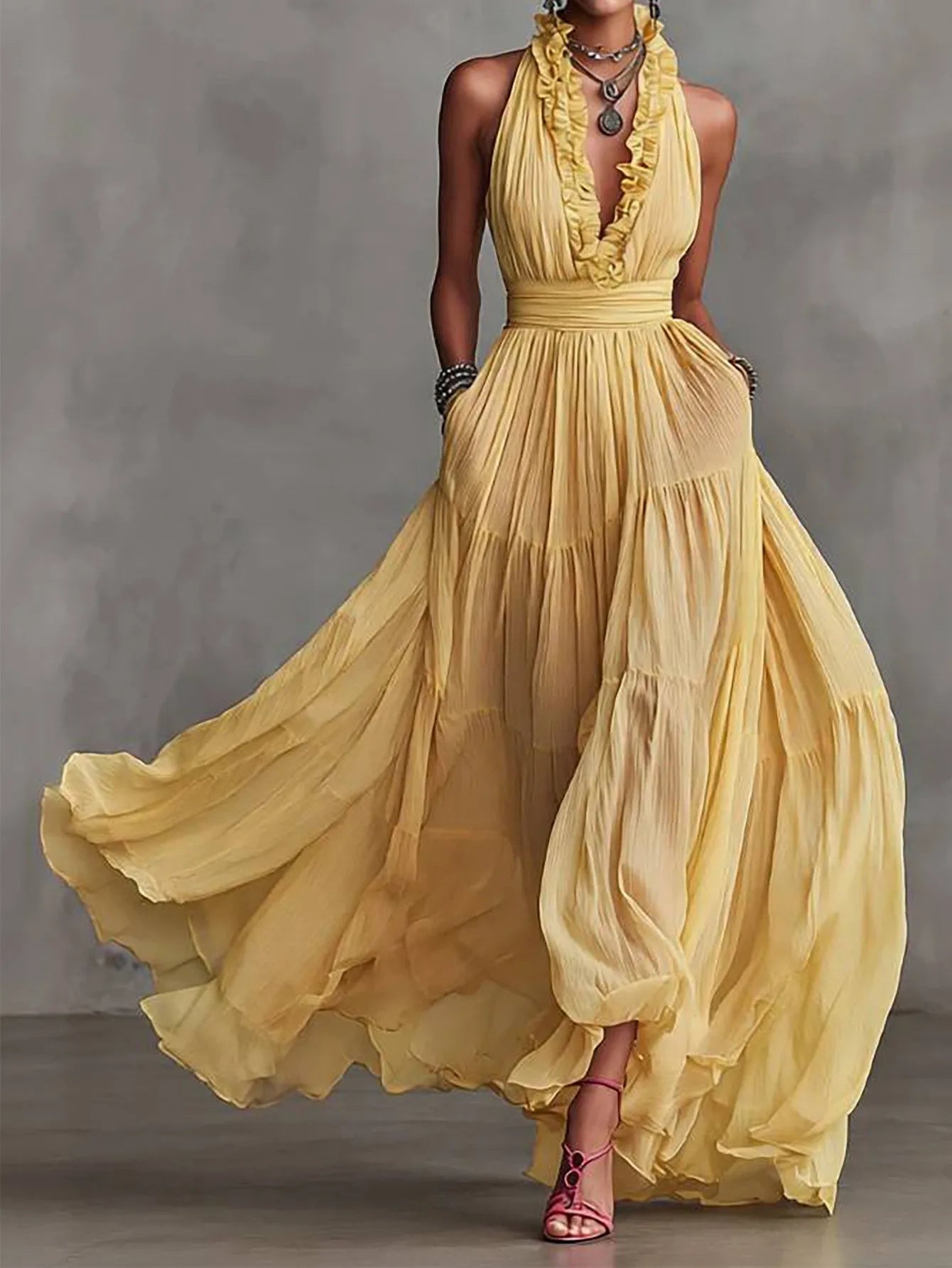 Women's Ruffle Trim Evening Maxi Dress