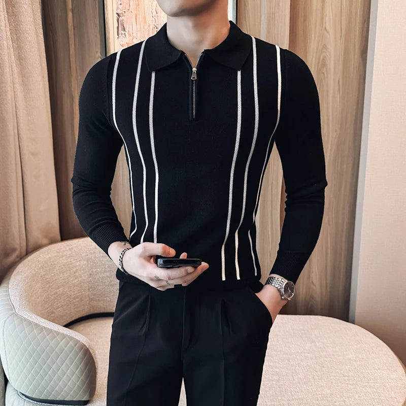 Slim Fit Striped Long-Sleeve Knit Sweater