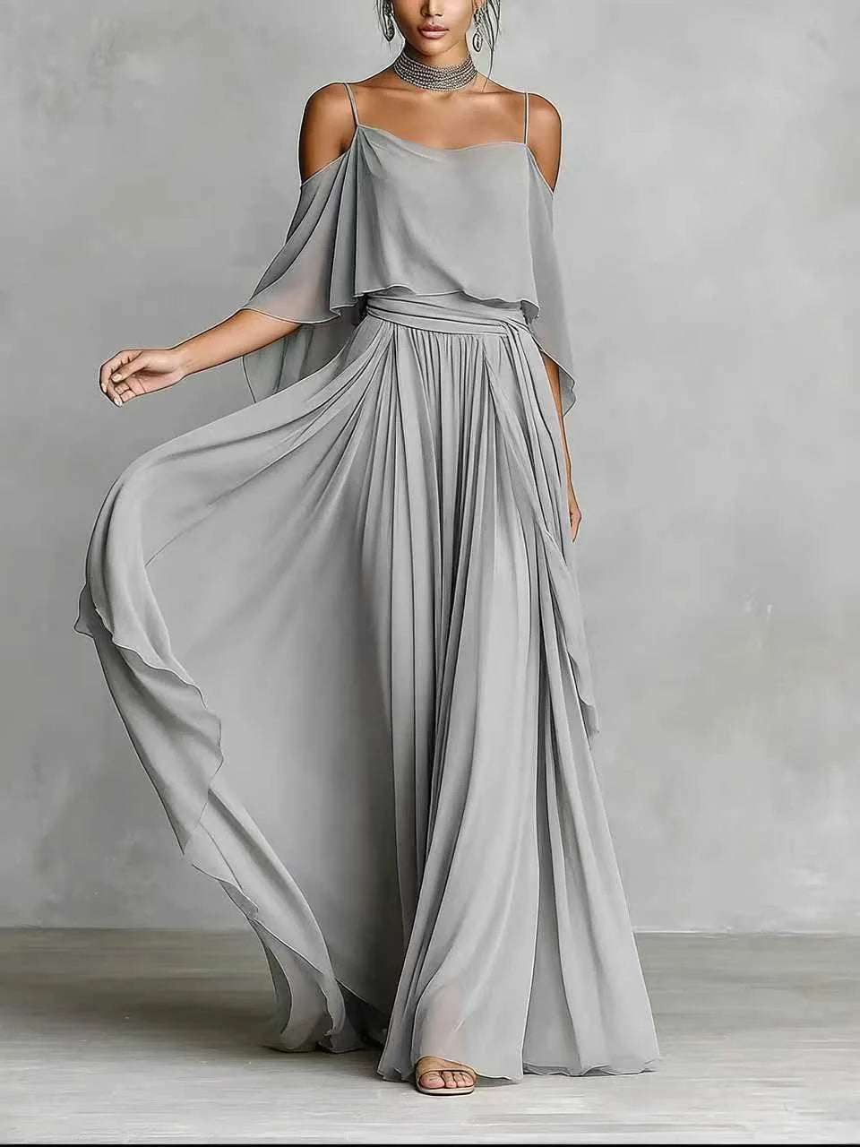 Women's Off Shoulder Chiffon Wedding Guest Maxi Dress