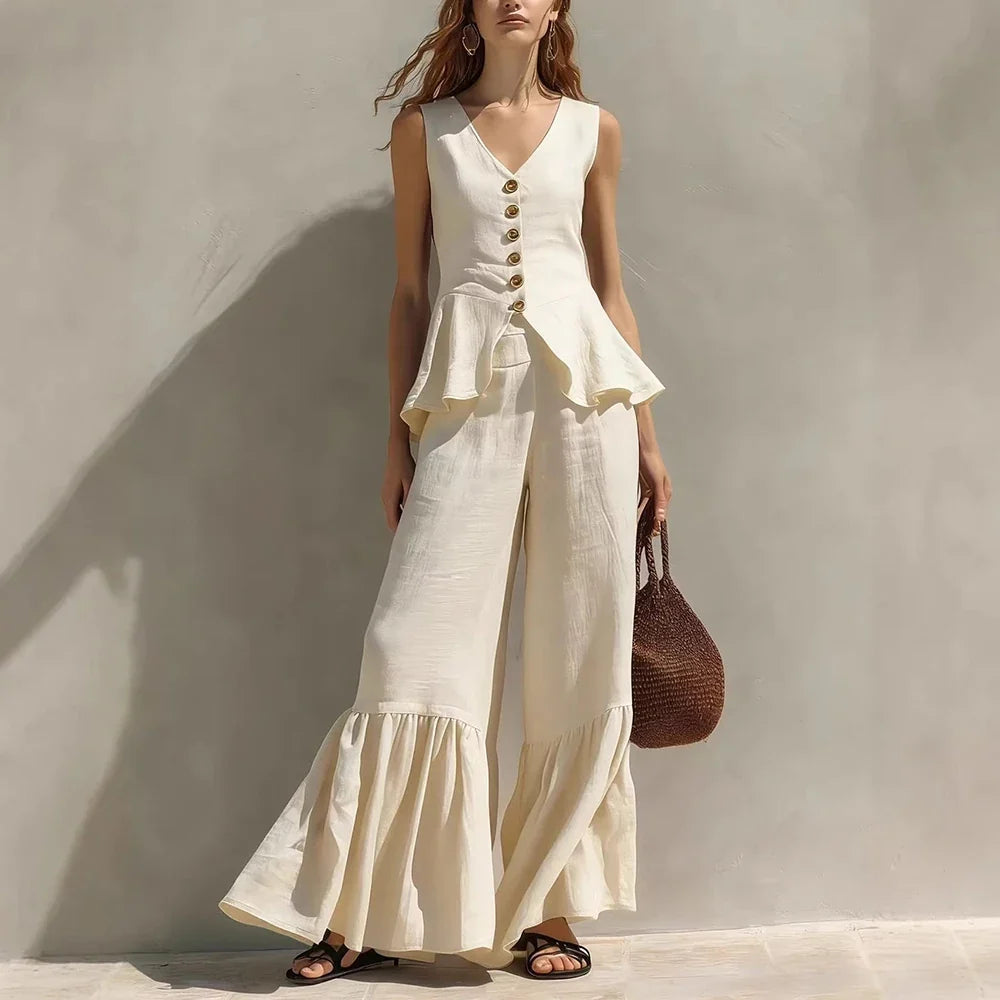 Women's Sleeveless Ruffle Trim Wide Leg Pants Set