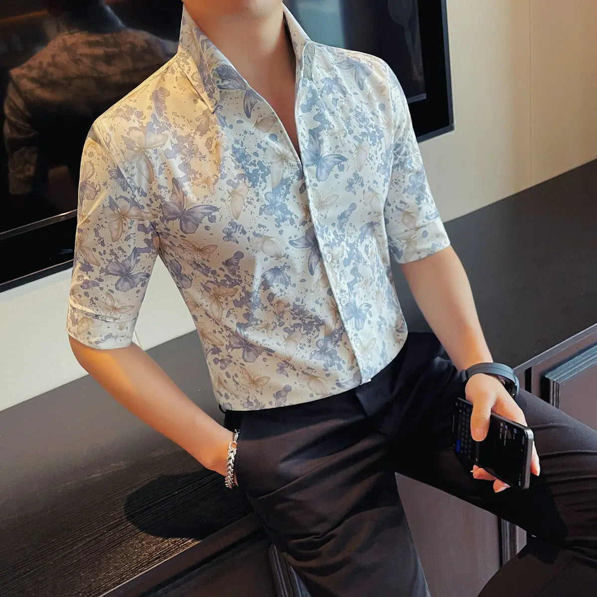 Slim Fit Floral V-Neck Dress Shirt