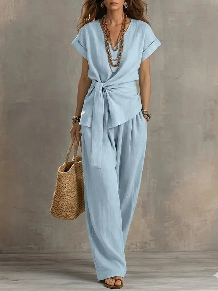 Women's Relaxed Tie Waist V Neck Lounge Set