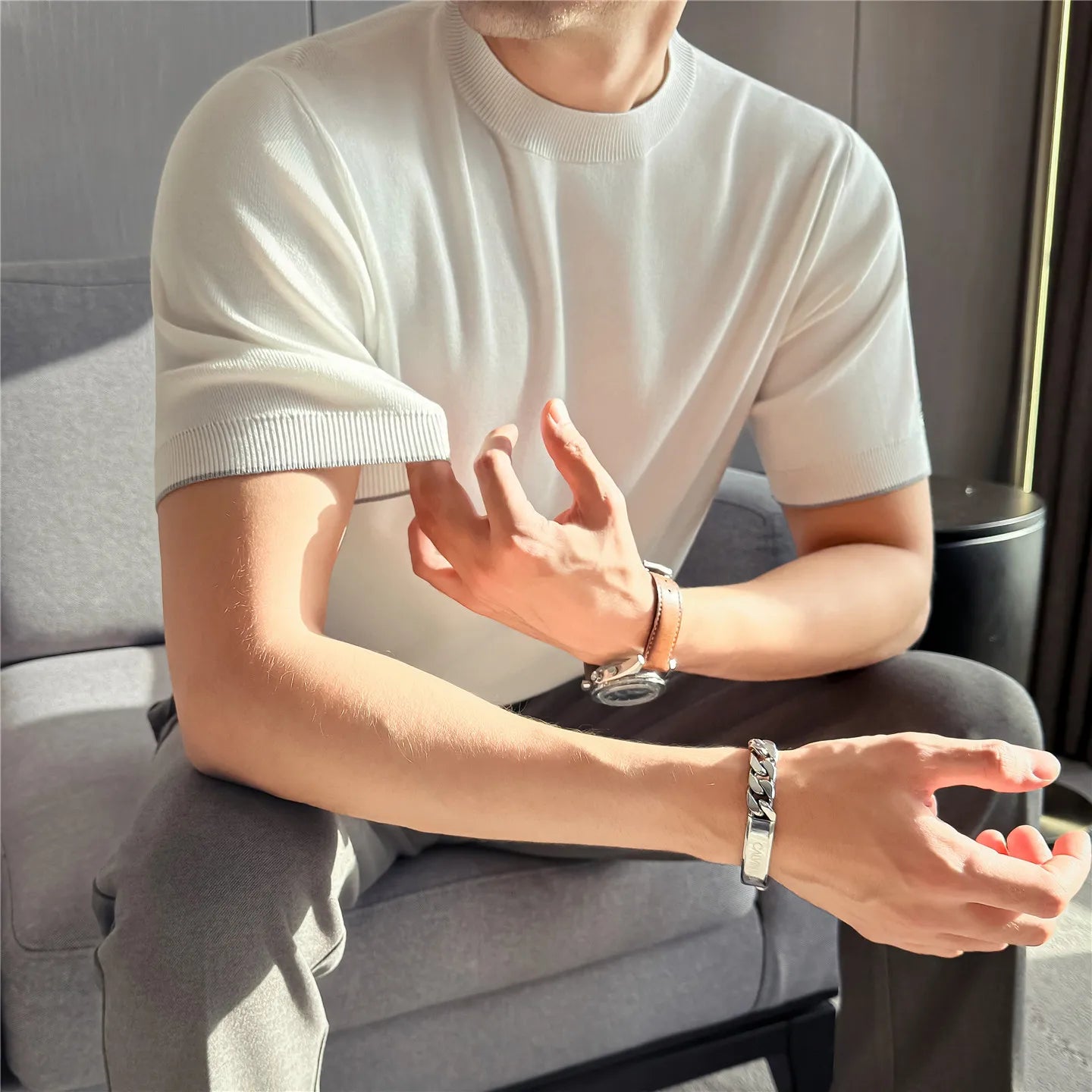 Slim Fit Patchwork Short-Sleeve Knit Sweater