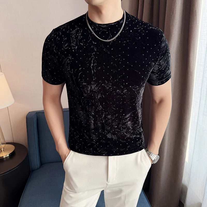 Slim Fit Velvet Short-Sleeve Knit Sweater