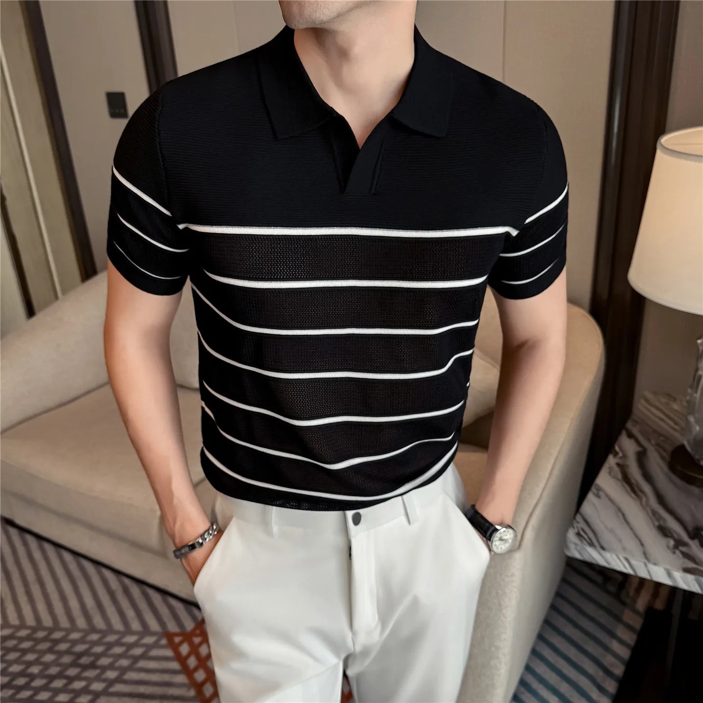 Striped Short-Sleeve V-Neck Polo Shirt