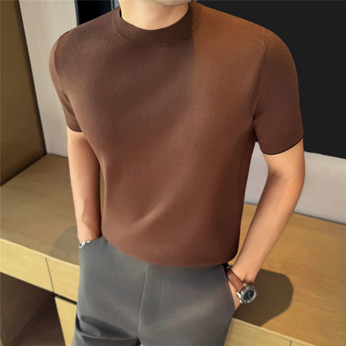 Slim Fit Patchwork Short-Sleeve Knit Sweater