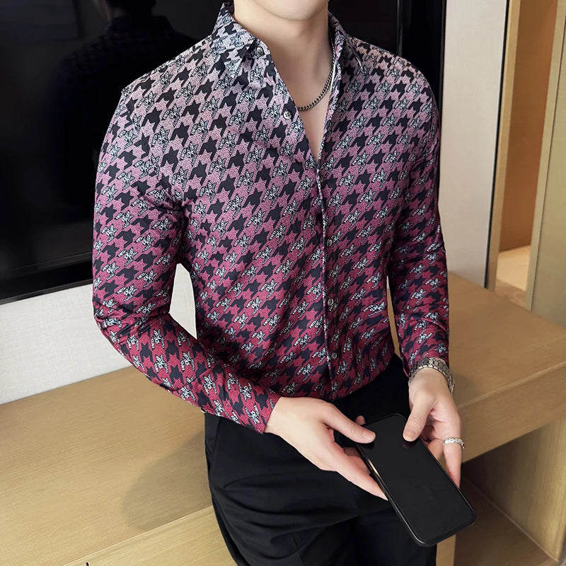Slim Fit Houndstooth Long-Sleeve Tuxedo Shirt