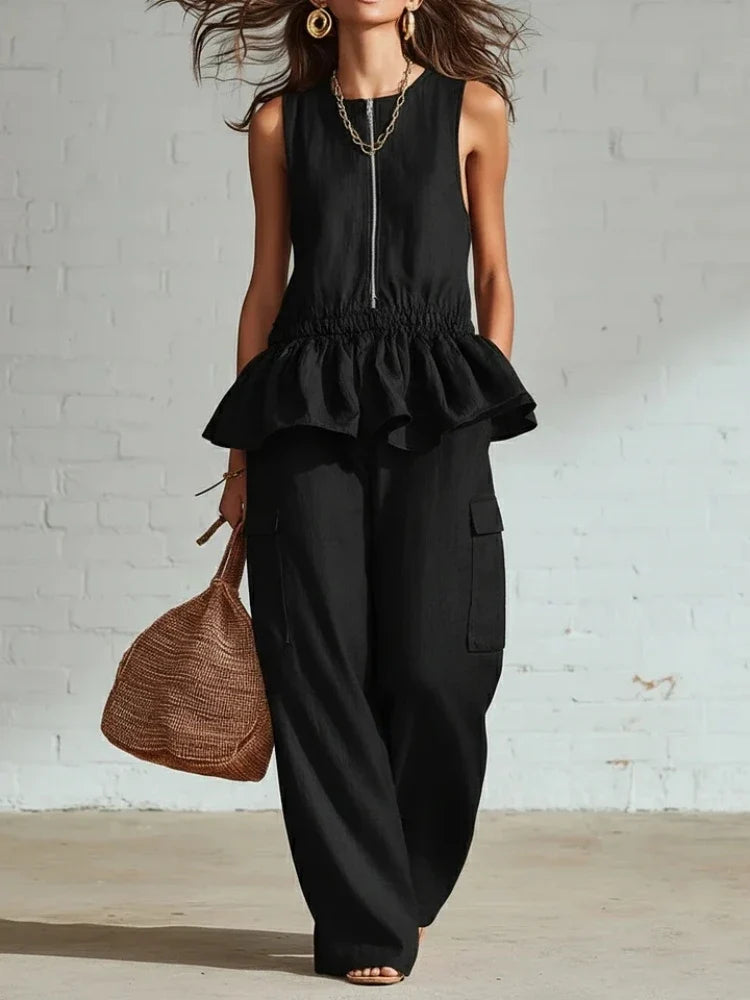 Women's Sleeveless Ruffle Trim Two-Piece Set