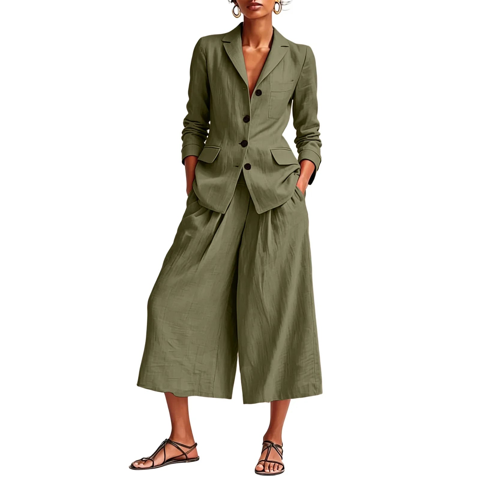 Women's Linen Blazer and Wide Leg Capri Set
