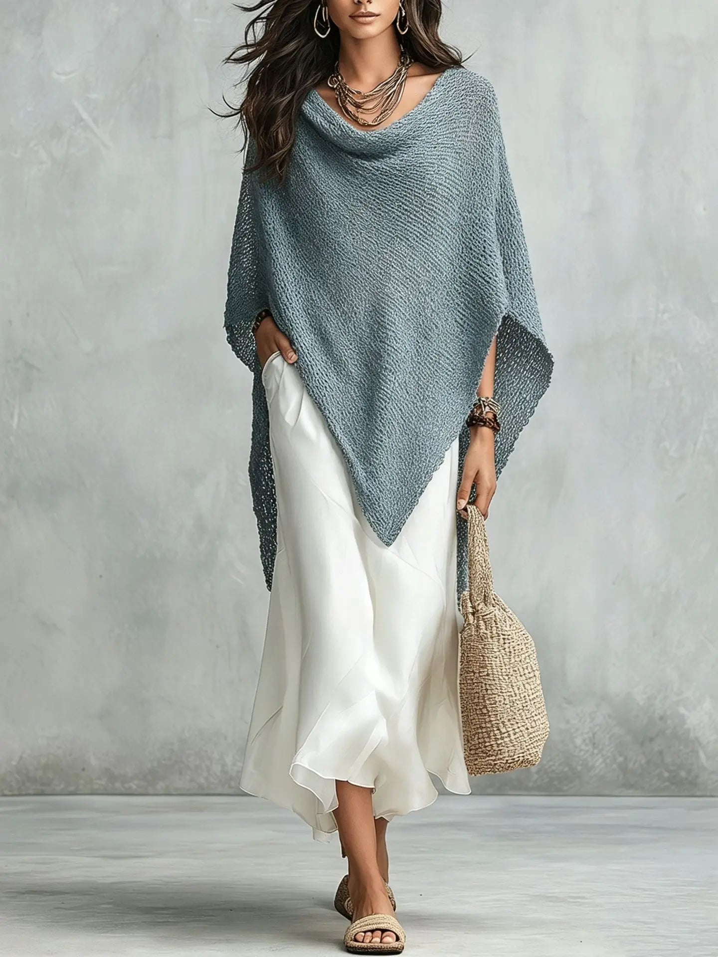 Women's Knit Poncho Maxi Dress Set
