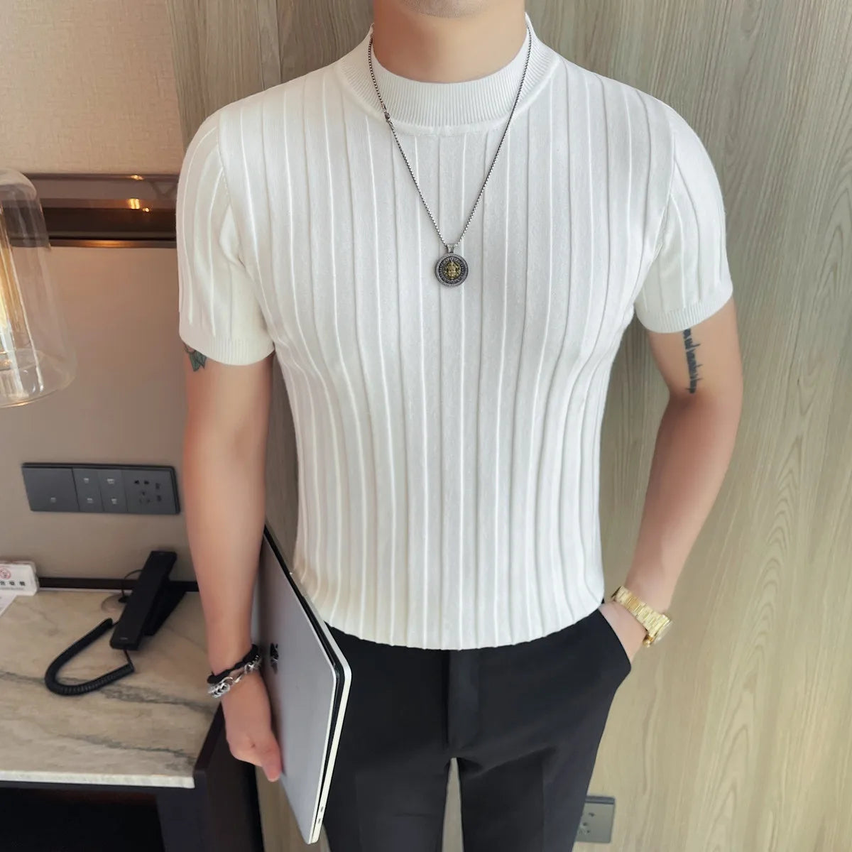 Slim Fit Striped Short-Sleeve Knit Sweater