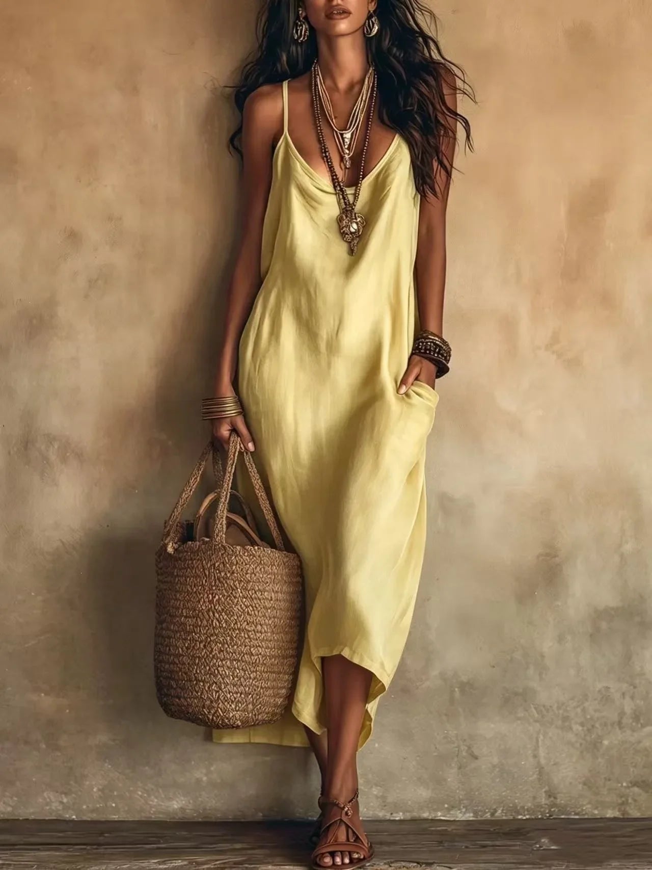 Women's Satin Pocket Midi Dress