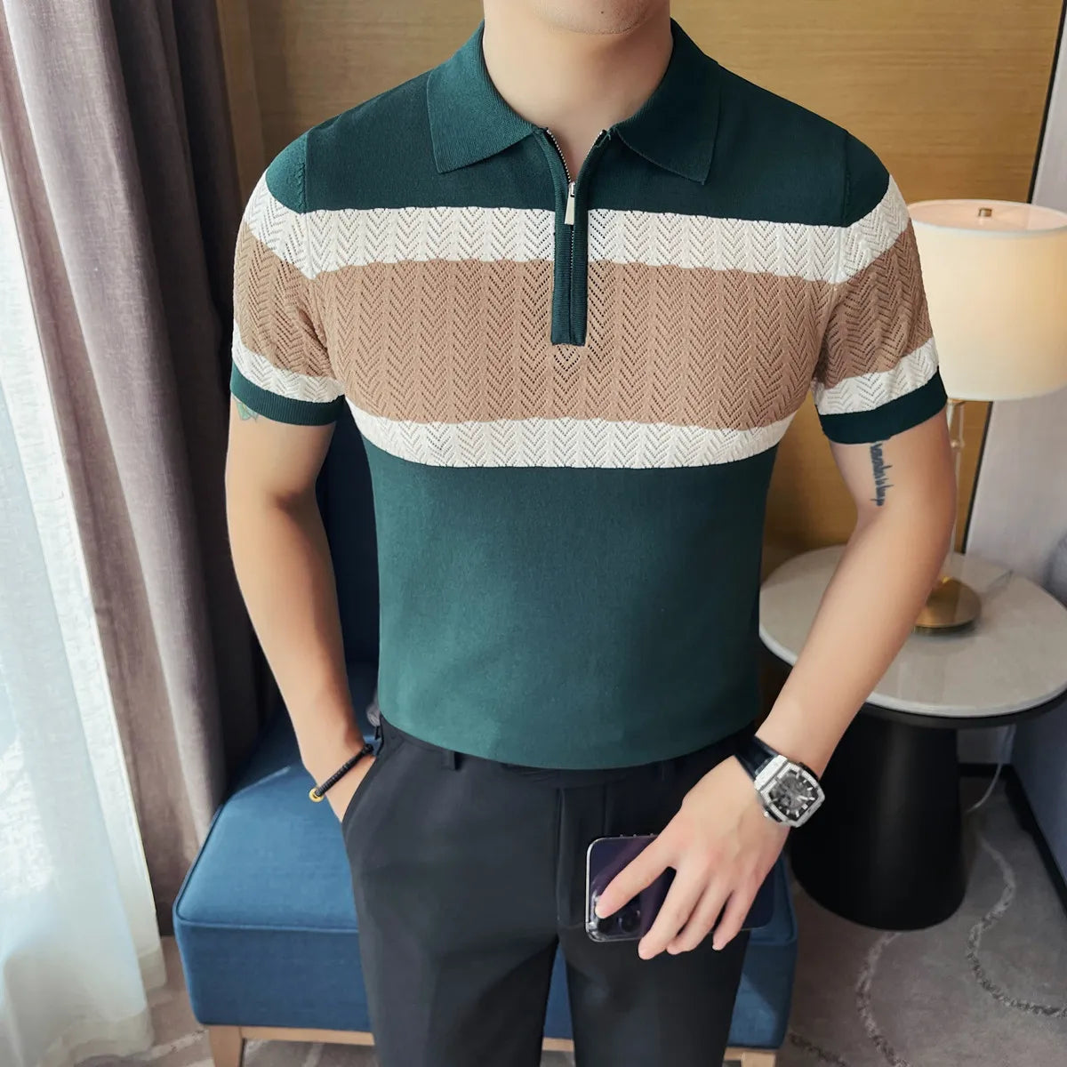 Slim Fit Patchwork Short-Sleeve Polo Shirt