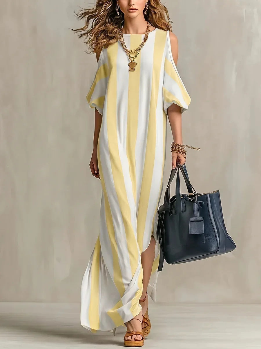 Women's Off Shoulder Stripe Split Maxi Dress