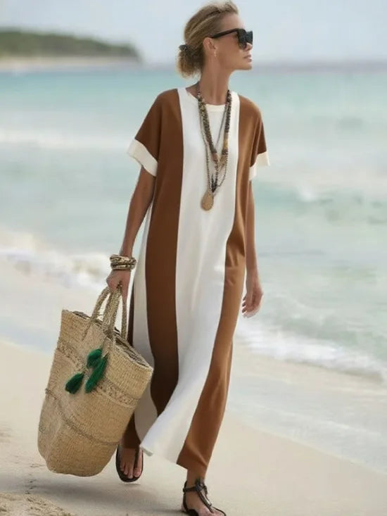 Women's Striped Short Sleeve Flowing Maxi Dress