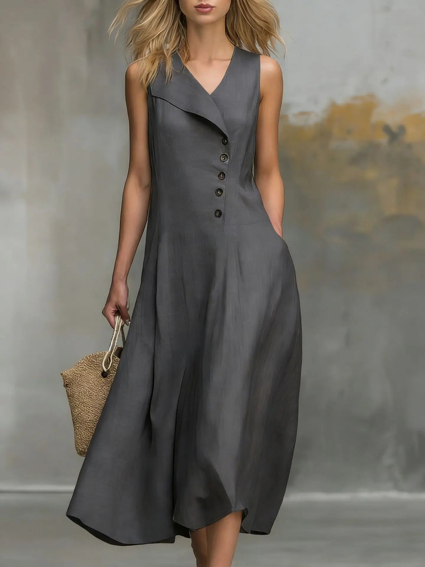 Women's Button Detail Flowy Midi Dress