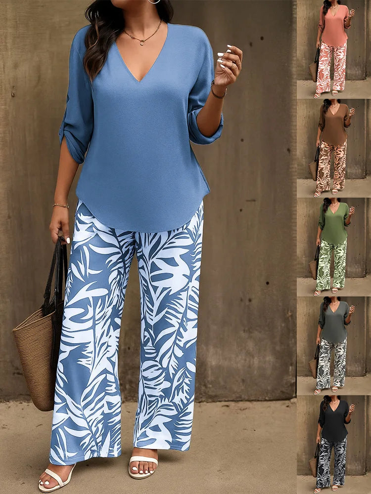 Women's V Neck Long Sleeve Printed Wide Leg Pants Set