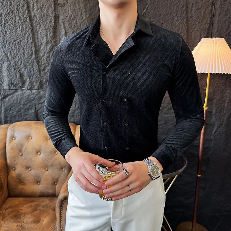 Slim Fit Velvet Long-Sleeve Tuxedo Shirt