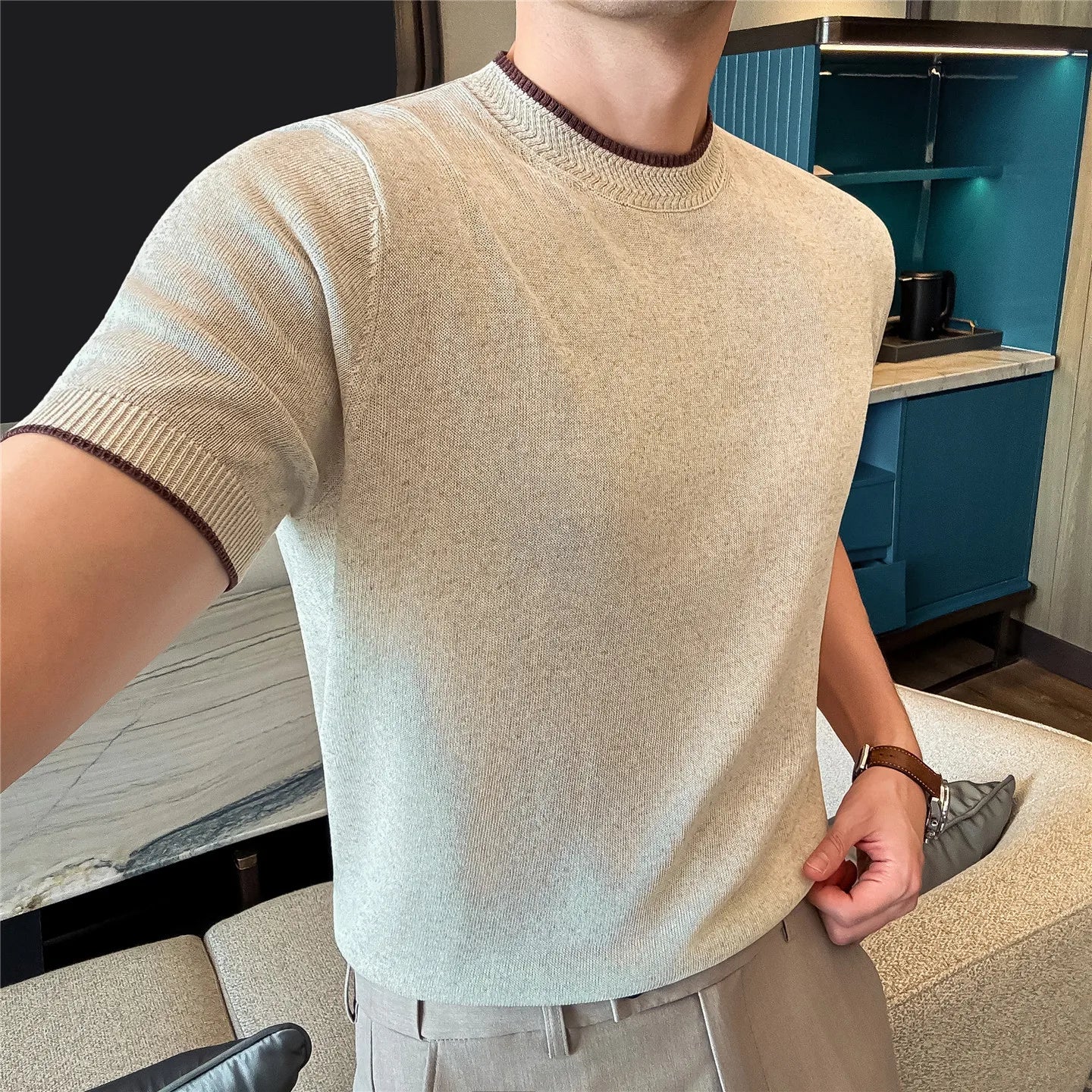 Slim Fit Linen Short-Sleeve Knit Sweater