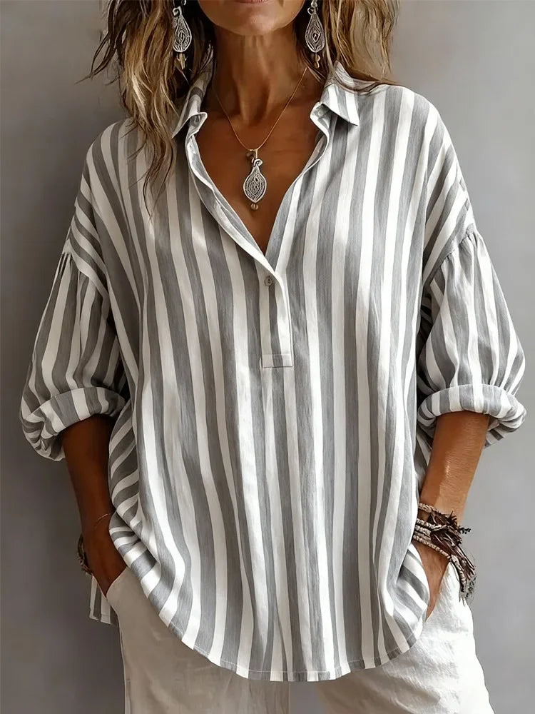 Women's Striped V Neck Blouse