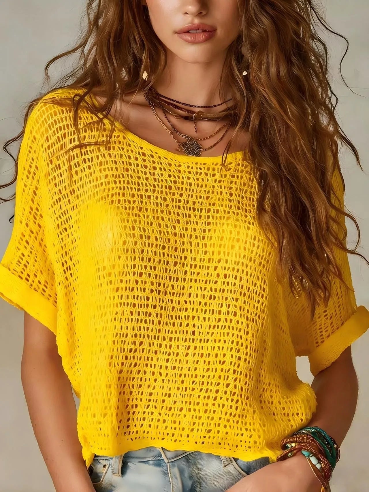 Women's Breathable Short Sleeve Crochet Top