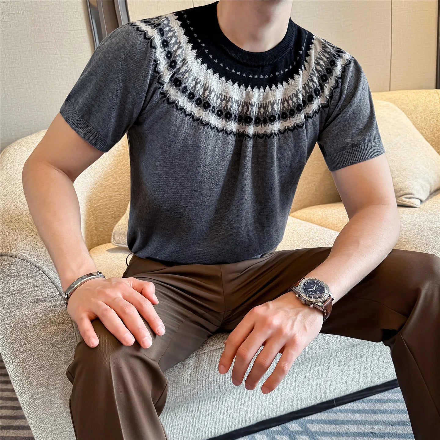 Slim Fit Silk Short-Sleeve Knit Sweater