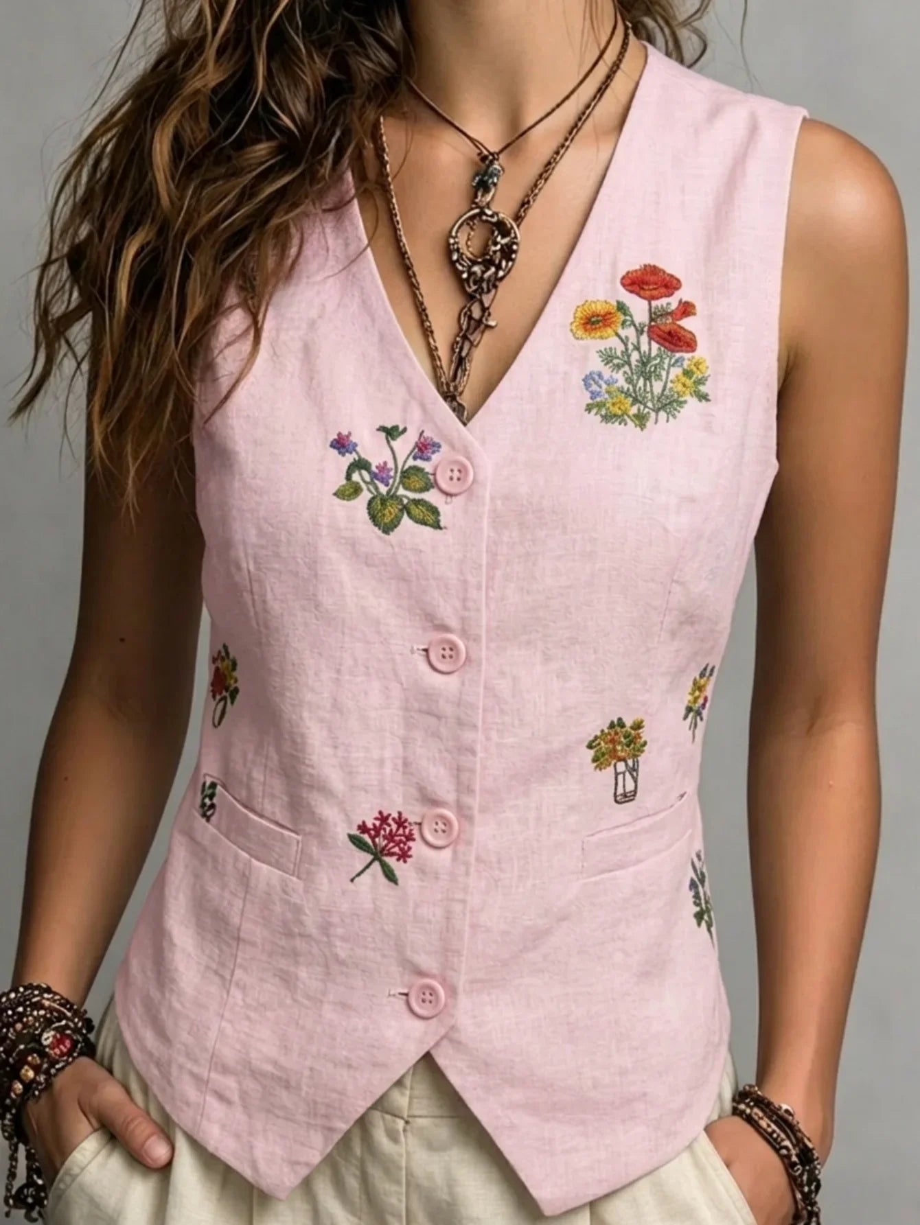 Women's Embroidered Linen Vest