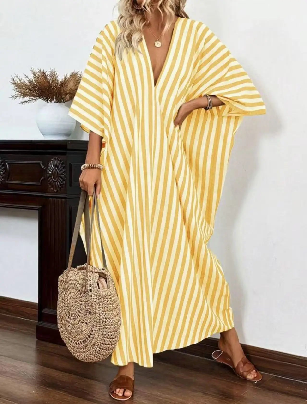 Women's Striped Kaftan Maxi Dress