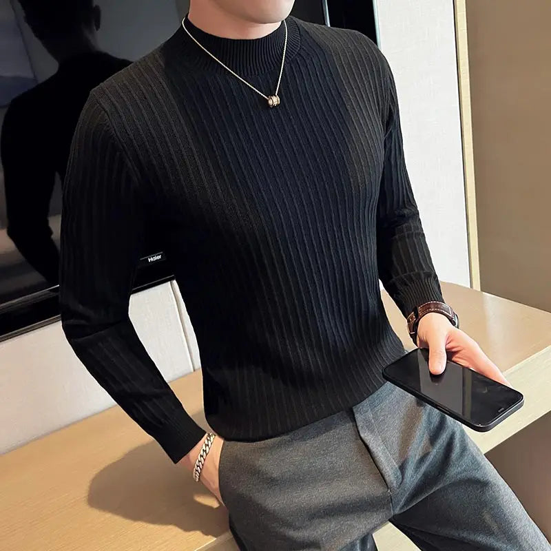Slim Fit Striped Long-Sleeve Turtleneck Sweater
