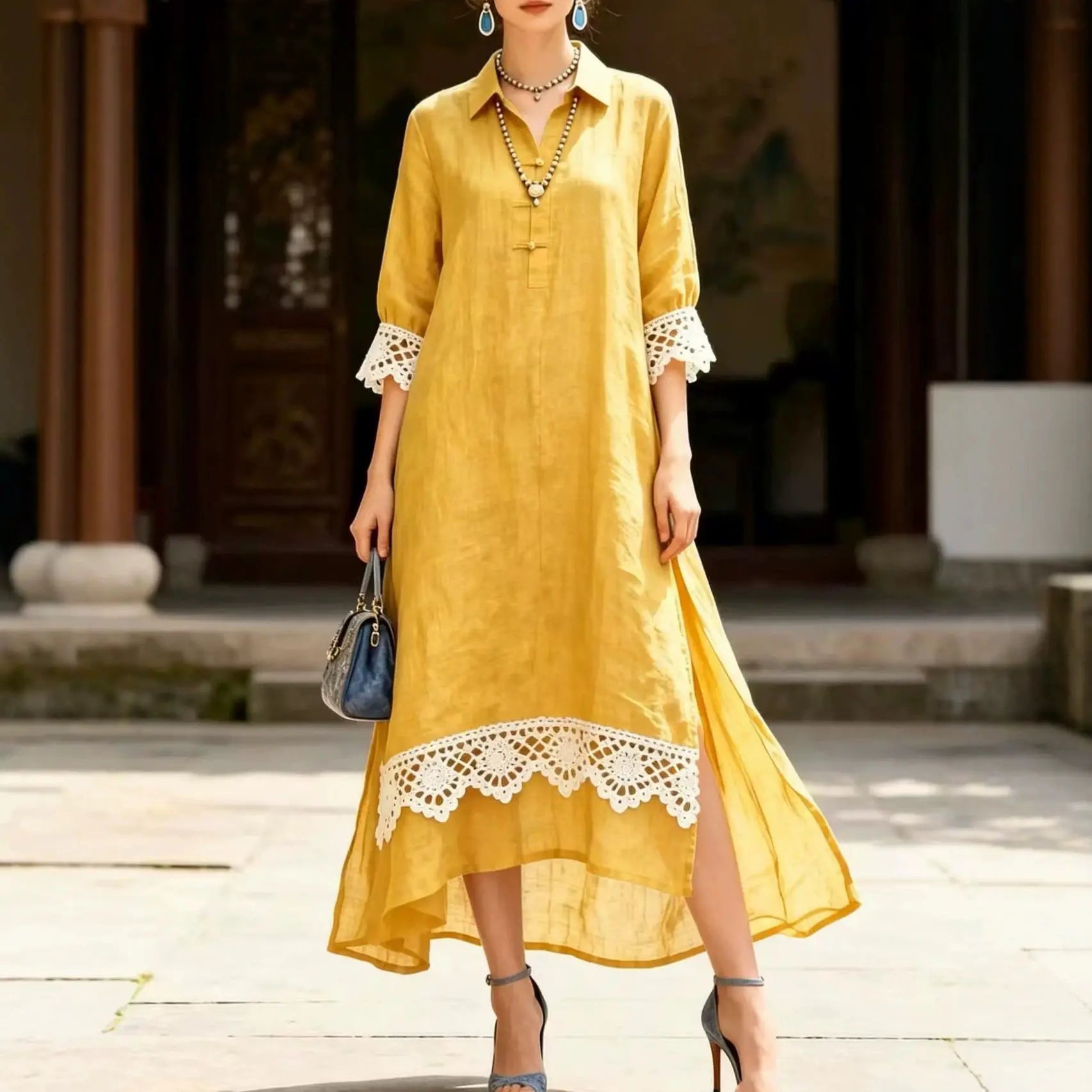 Women's Lace Trim Midi Dress