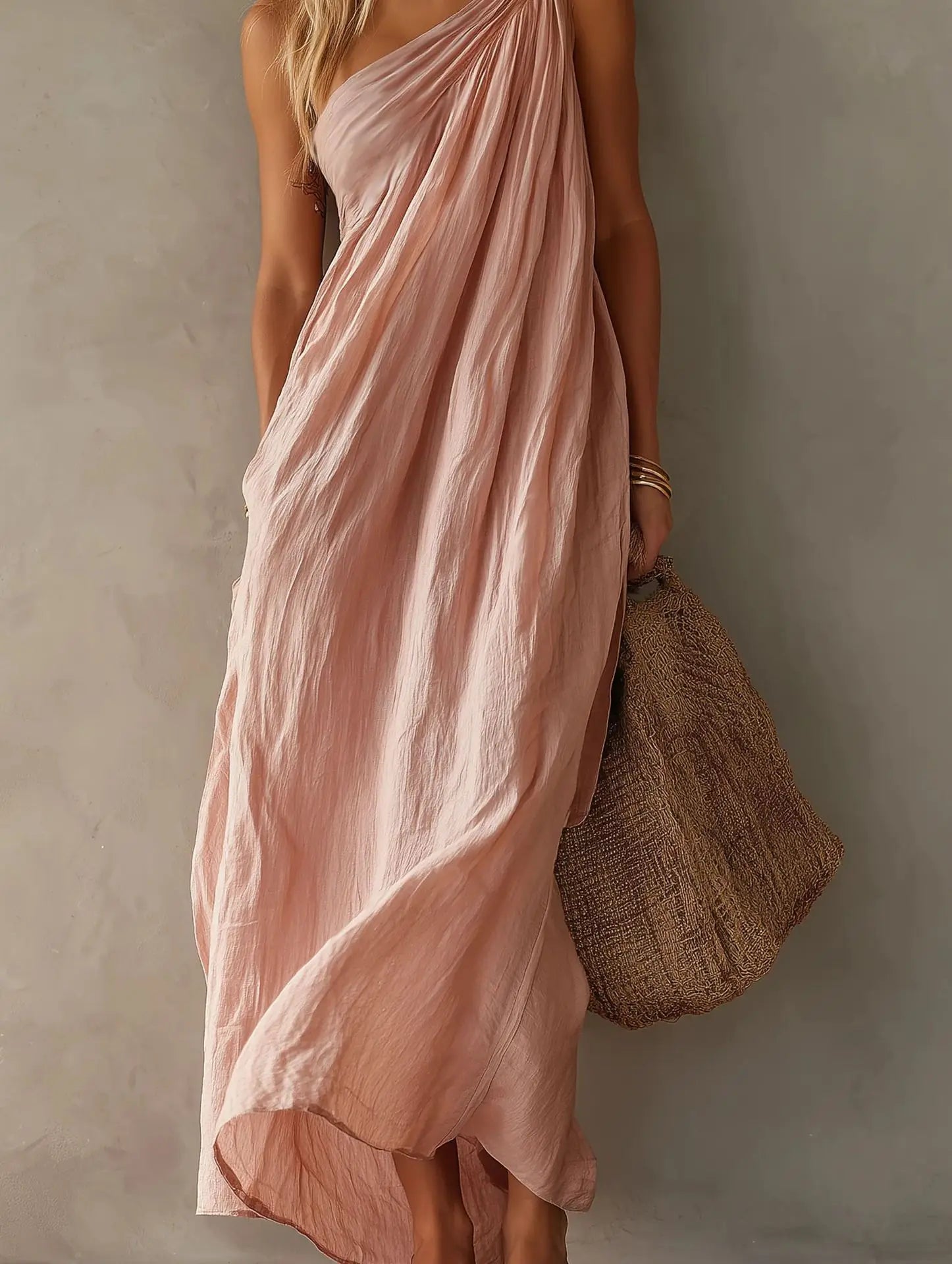 Women's One Shoulder Linen Maxi Dress