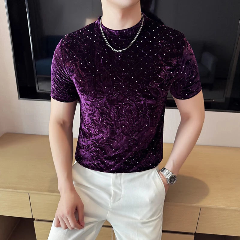 Slim Fit Velvet Short-Sleeve Knit Sweater