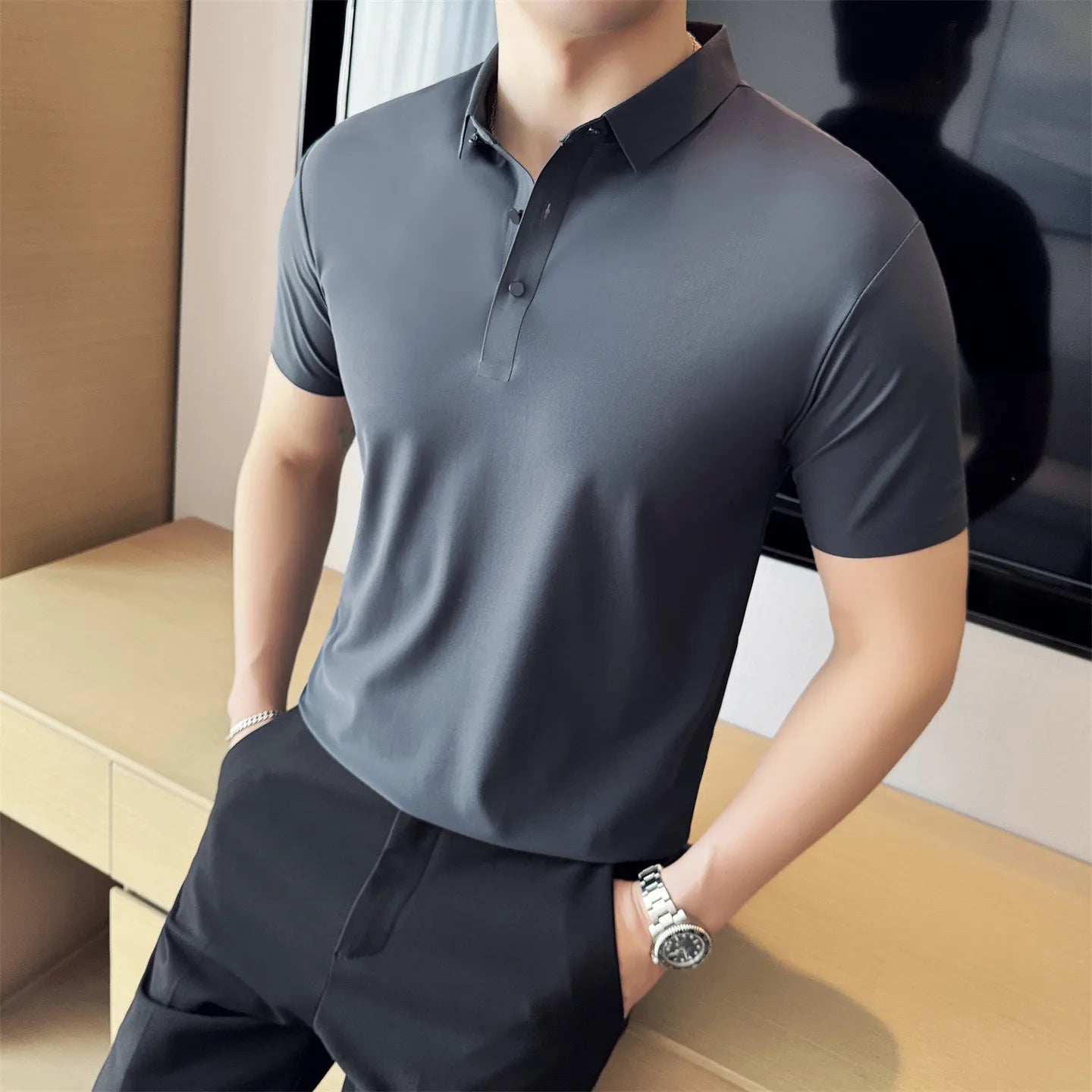 Slim Fit Silk Short-Sleeve Polo Shirt