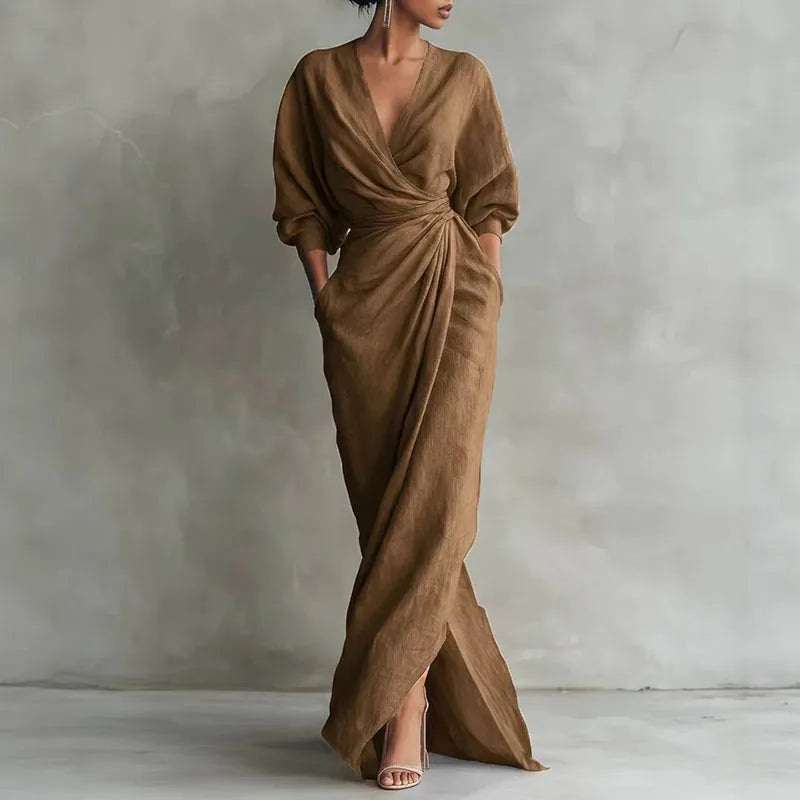 Women's V Neck Wrap Waist Long Dress