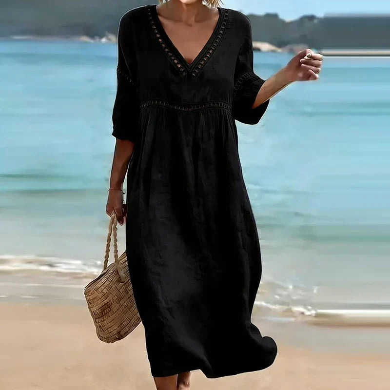 Women's Hollow Trim V-Neck Midi Dress