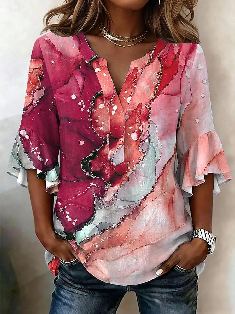 Women's V Neck Printed Blouse