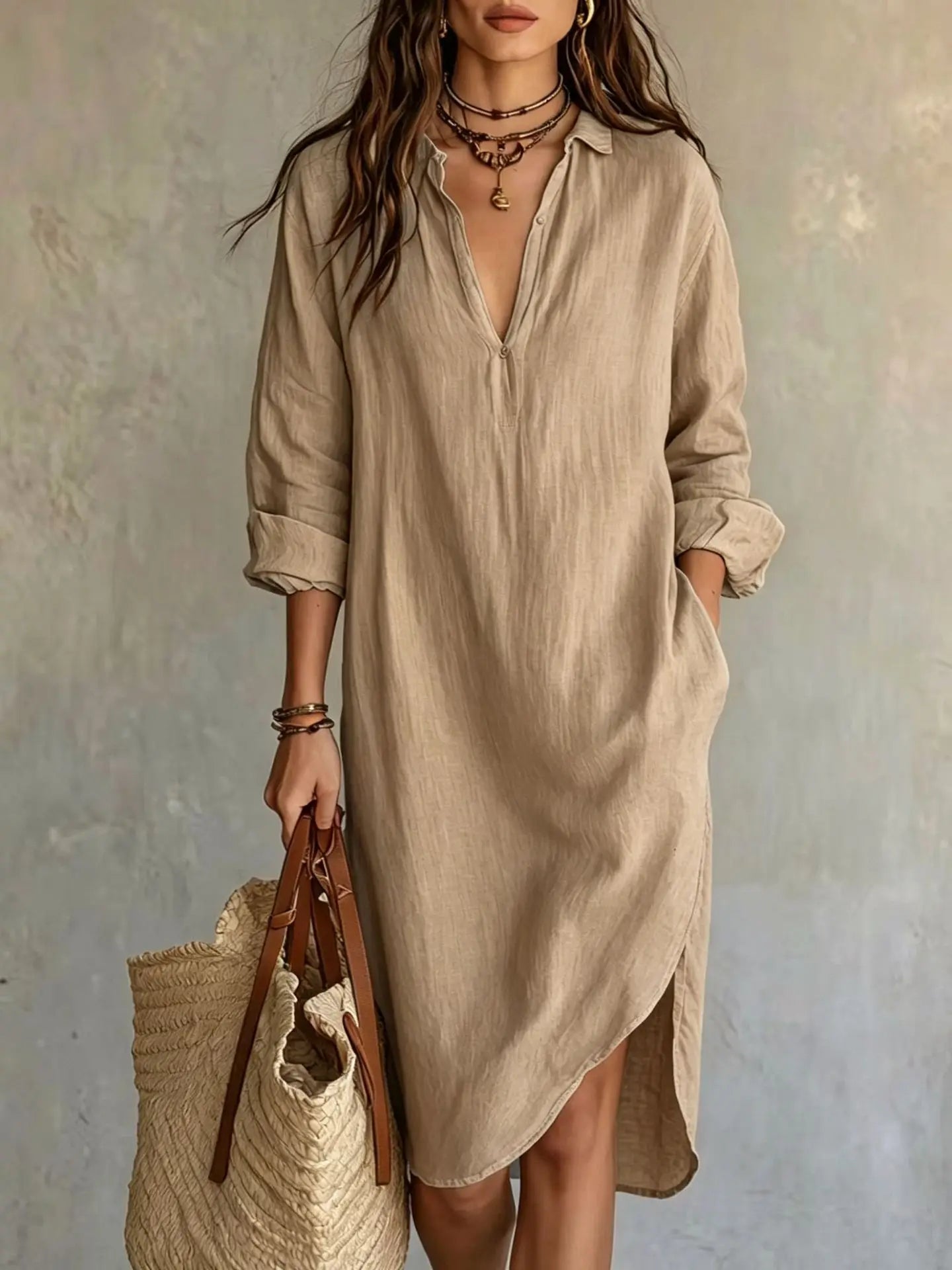 Women's Pocket Midi Shirt Dress