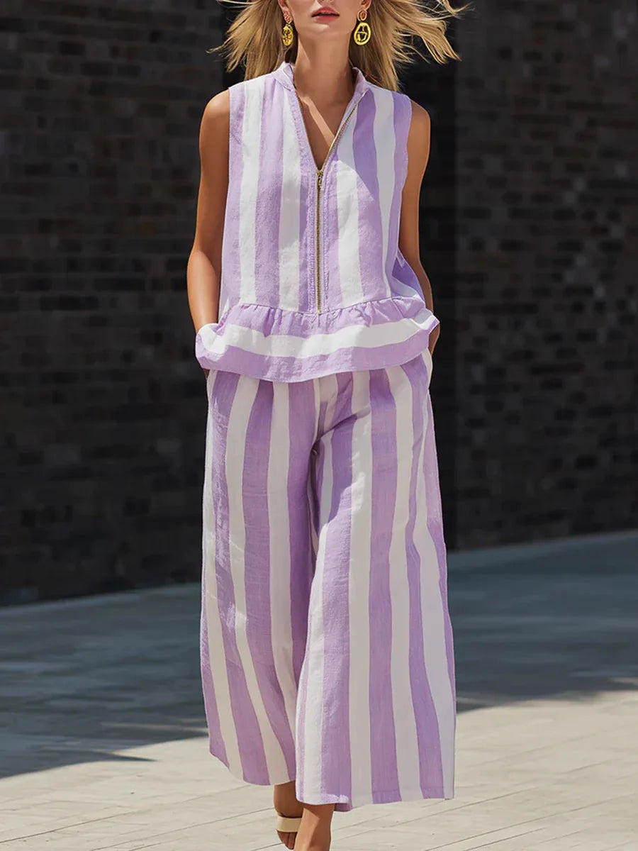 Women's Striped Zip Front Sleeveless Pants Set