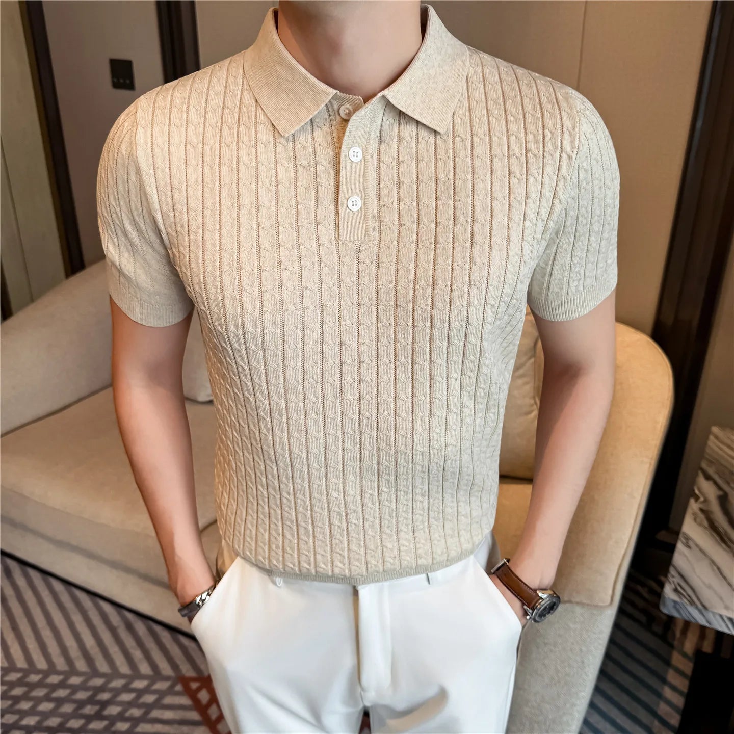 Slim Fit Linen Short-Sleeve Polo Shirt