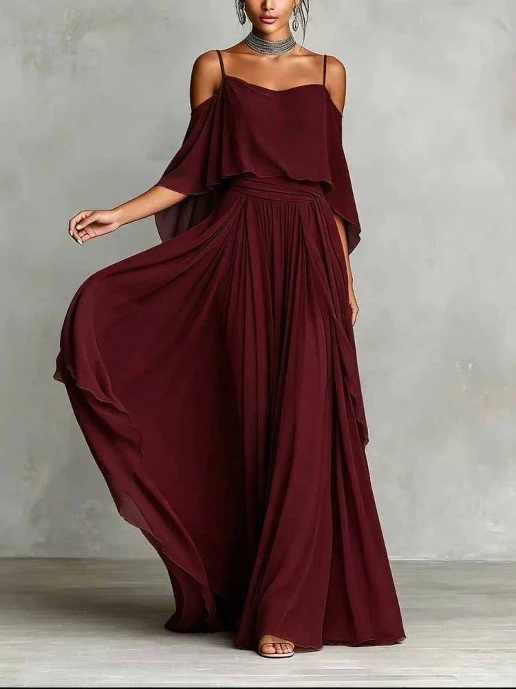 Women's Off Shoulder Chiffon Wedding Guest Maxi Dress