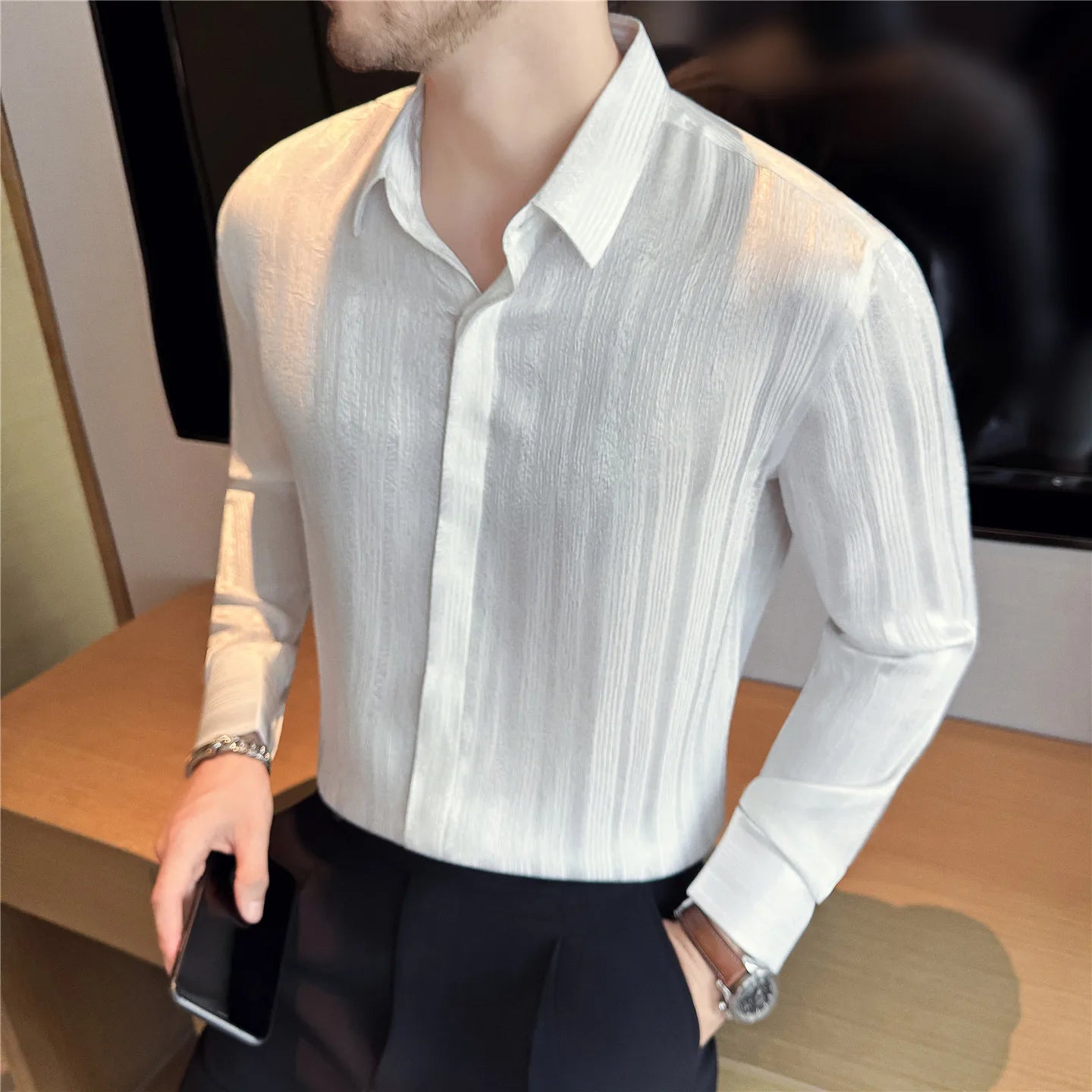 Slim Fit Striped Long-Sleeve Tuxedo Shirt