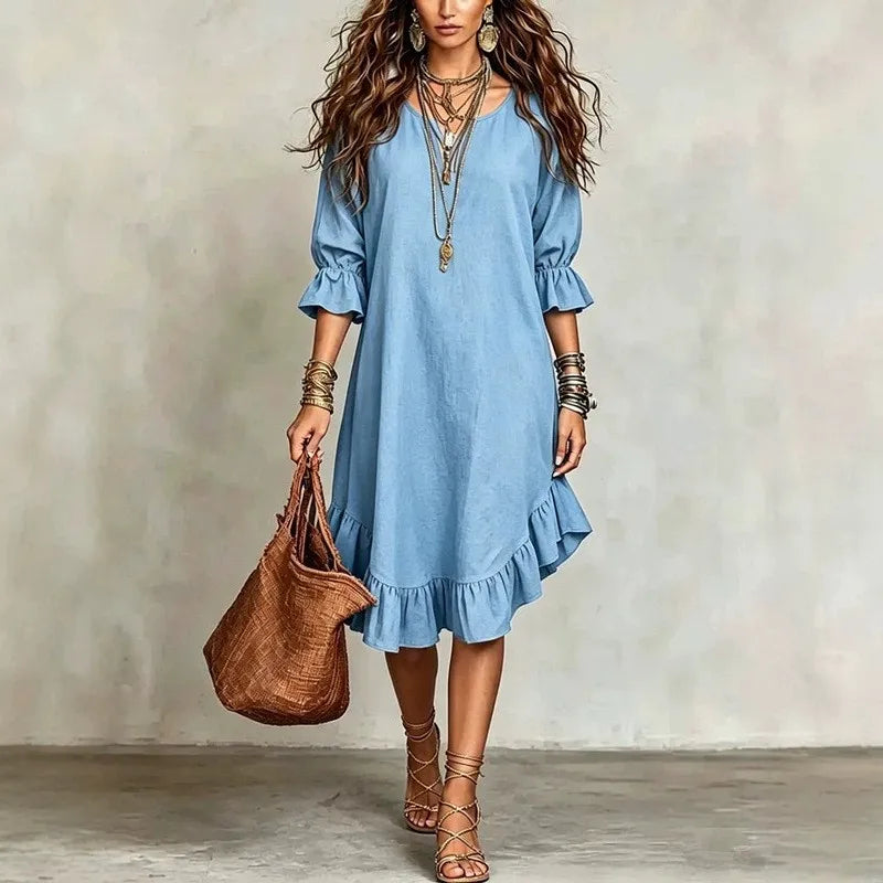 Women's Ruffle Half Sleeve V Neck Midi Dress