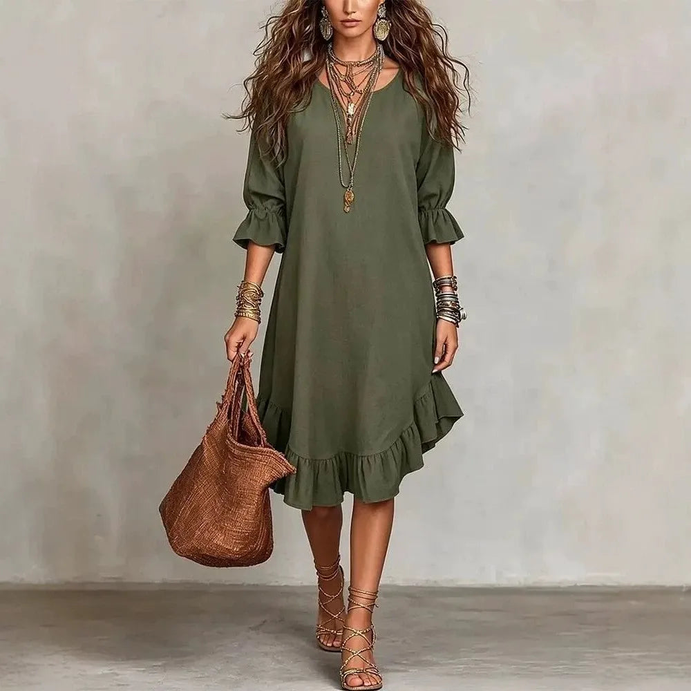 Women's Ruffle Half Sleeve V Neck Midi Dress
