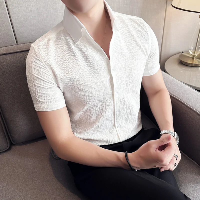 Slim Fit Silk Short-Sleeve V-Neck Tuxedo Shirt