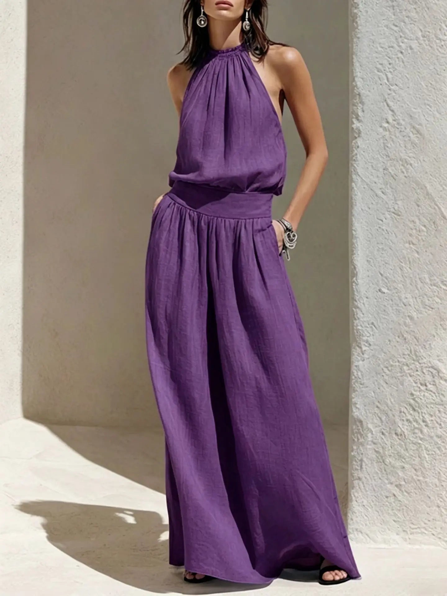 Women's Halter Ruched Maxi Dress