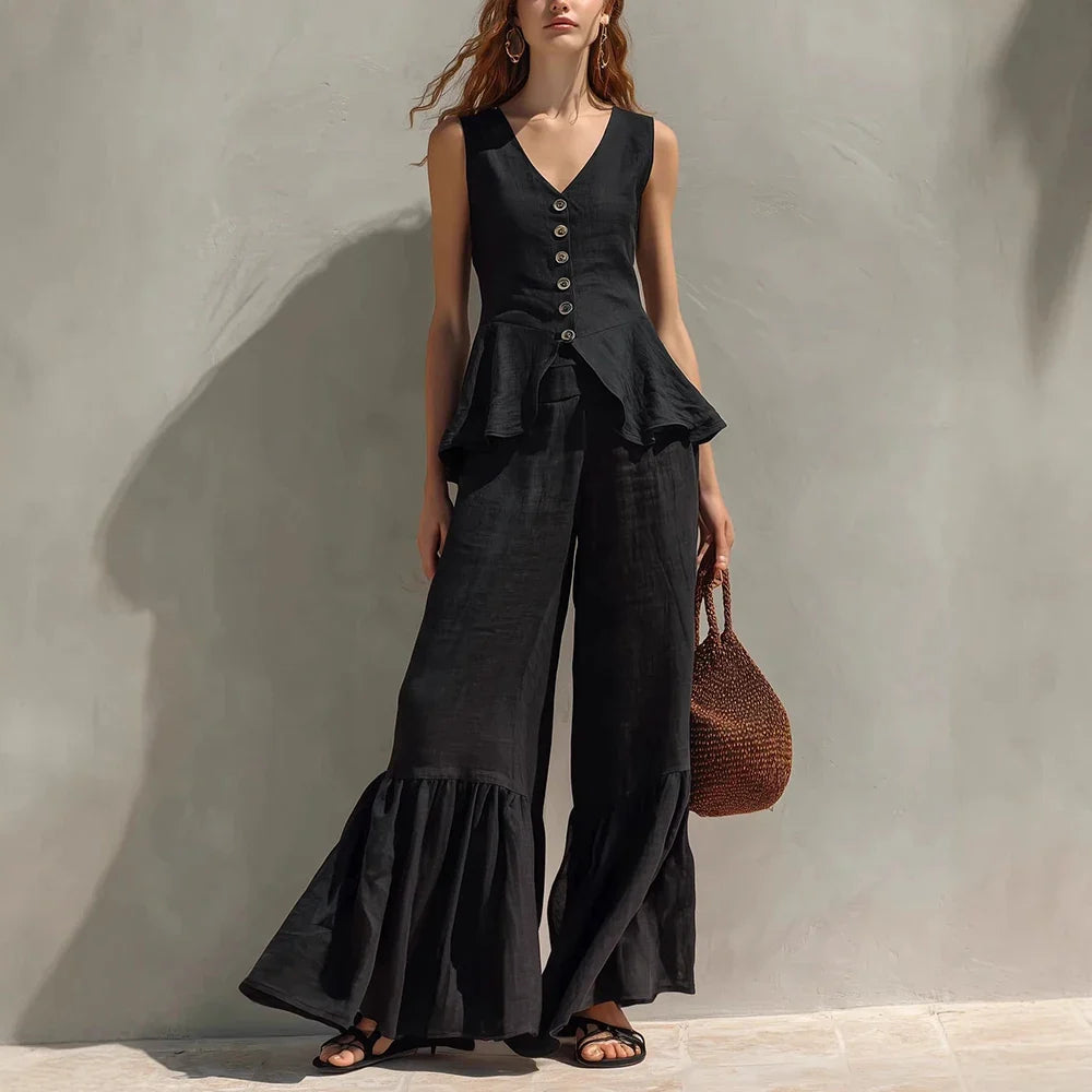 Women's Sleeveless Ruffle Trim Wide Leg Pants Set