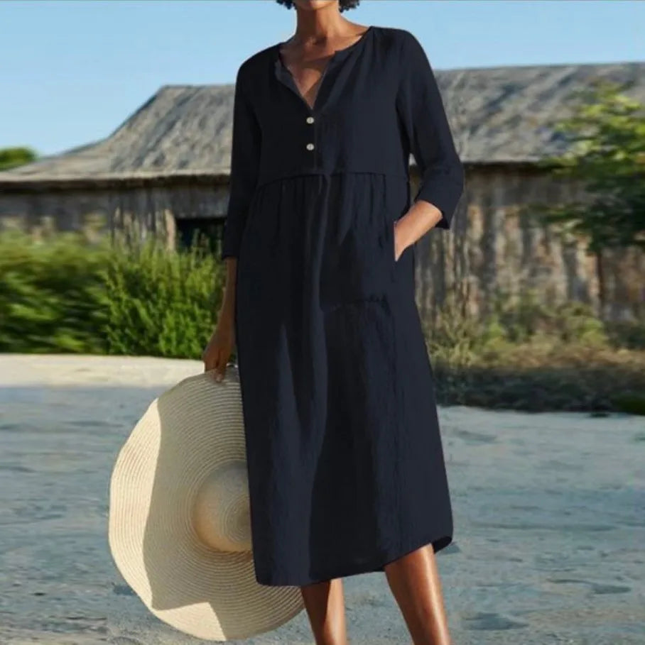 Women's Pocket Linen Midi Dress